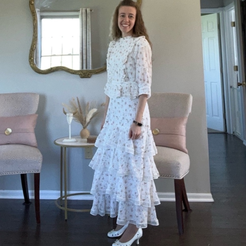 Lulu's Floral Ruffle Midi Dress - White and Pink